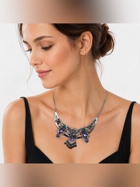 Kent & King Silver Tone Statement Necklace Multi Color Crystal Bib Collar Boho